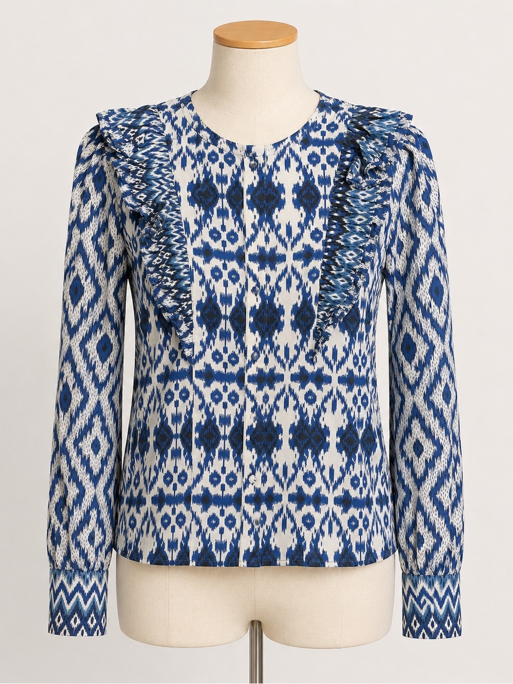 Sézane Blue Ikat Ruffle-Trim Blouse
